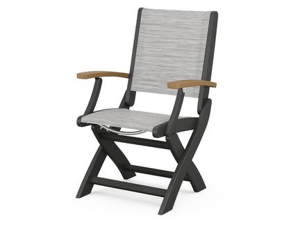POLYWOOD Coastal Folding Chair in Black with Natural arms and Metallic sling