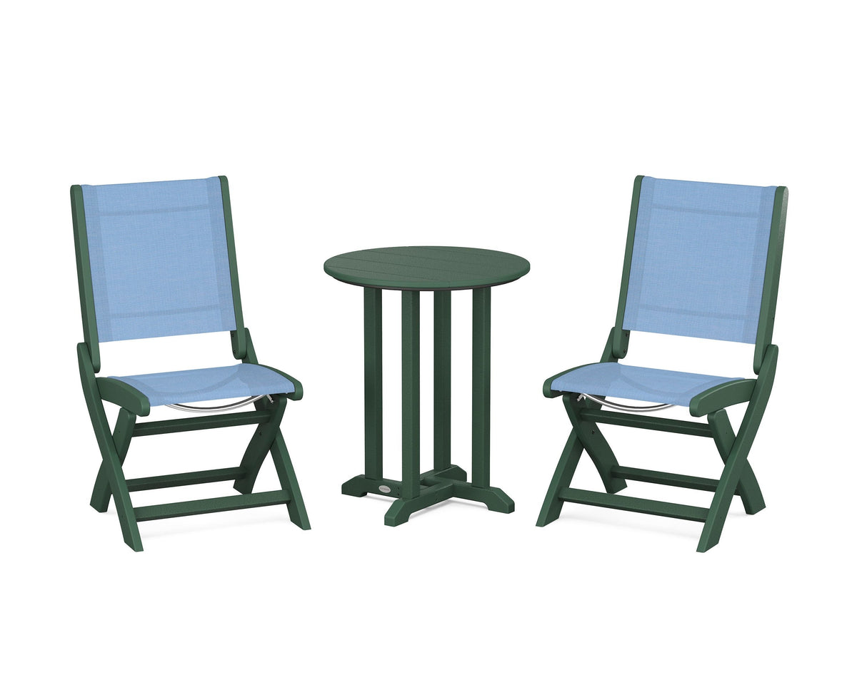 POLYWOOD Coastal Folding Side Chair 3-Piece Round Bistro Dining Set in Green / Poolside