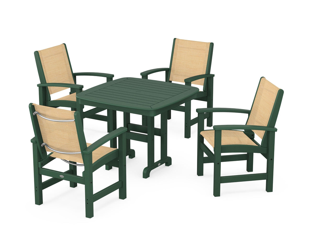 POLYWOOD Coastal 5-Piece Dining Set with Nautical 37" Dining Table in Green / Dupioni Apricot