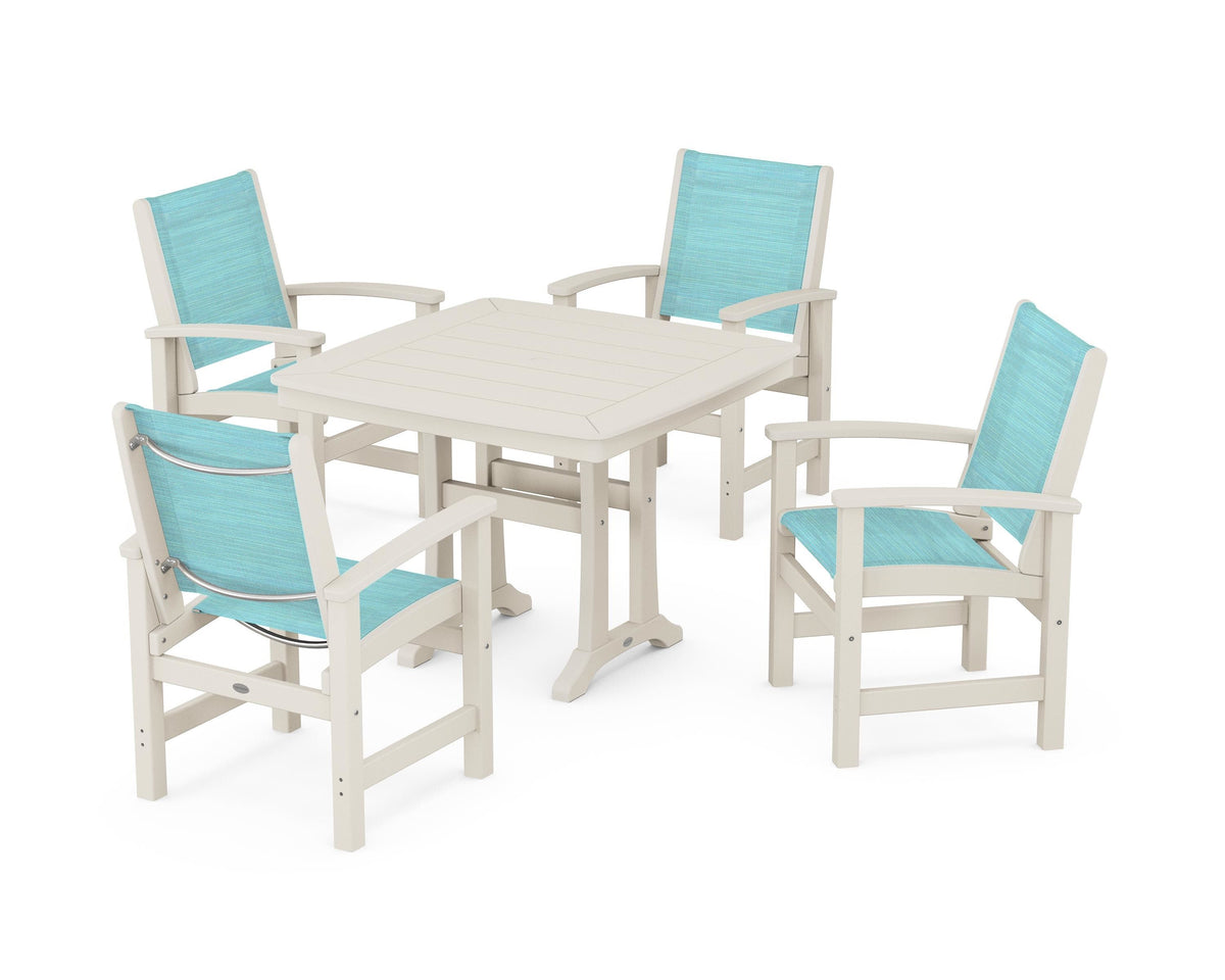 POLYWOOD Coastal 5-Piece Dining Set with Trestle Legs with Nautical Trestle 37" Dining Table in Sand / Dupioni Aquamarine