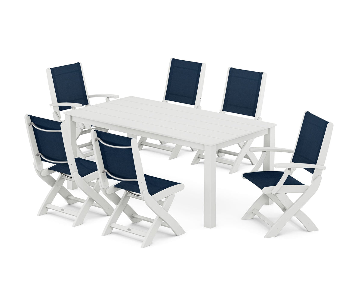 POLYWOOD Coastal Folding Chair 7-Piece Parsons Dining Set with Coastal Folding Side Chair in White / Navy Blue