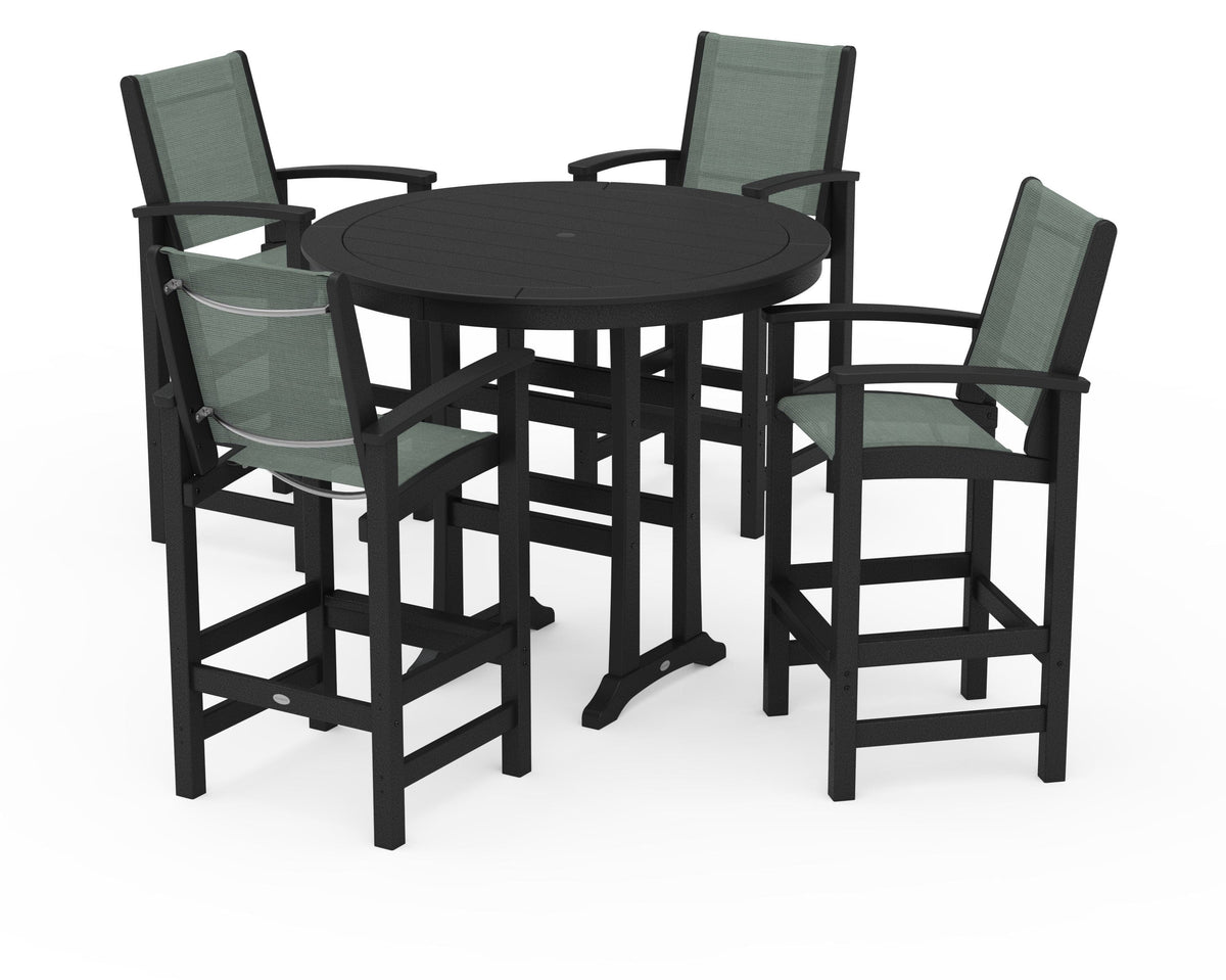 POLYWOOD Coastal 5-Piece Nautical Trestle Bar Set in Black / Dupioni Sea Mist
