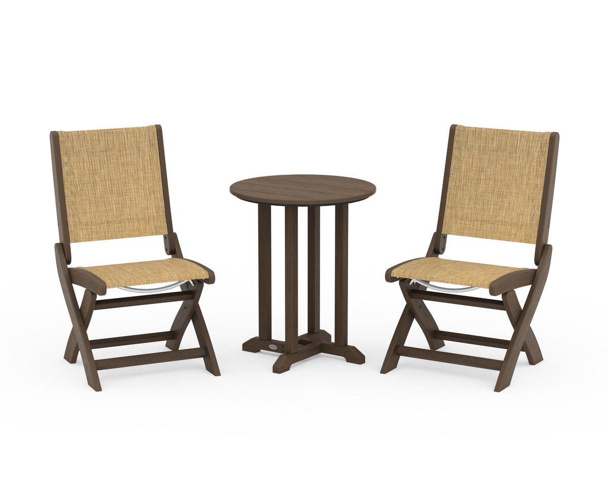 POLYWOOD Coastal Folding Side Chair 3-Piece Round Bistro Dining Set in Kona / Burlap
