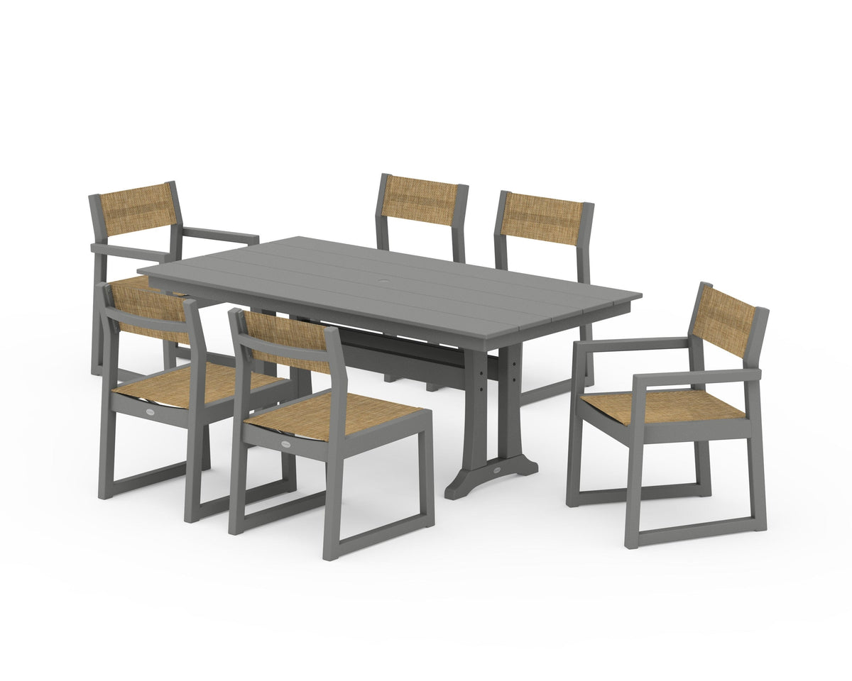 POLYWOOD EDGE Sling 7-Piece Farmhouse Trestle Dining Set in Slate Grey / Burlap