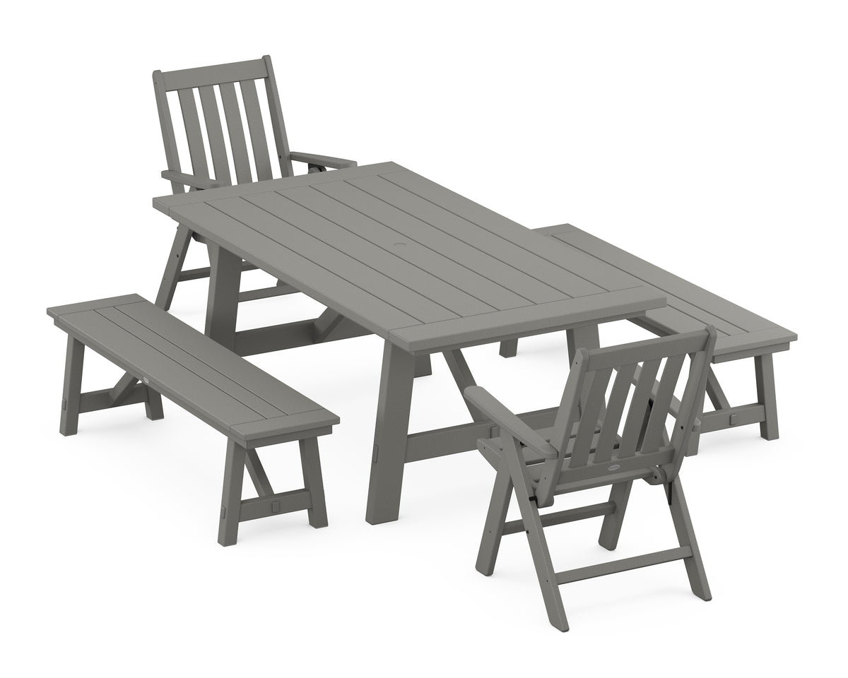 POLYWOOD Vineyard Folding Chair 5-Piece Rustic Farmhouse Dining Set with Benches in Slate Grey