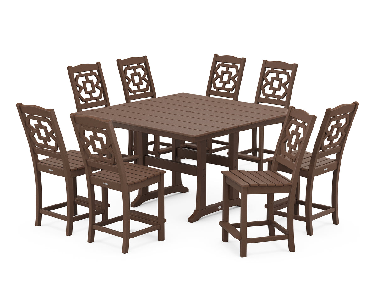 POLYWOOD Chinoiserie 9-Piece Square Farmhouse Side Chair Counter Set with Trestle Legs in Mahogany