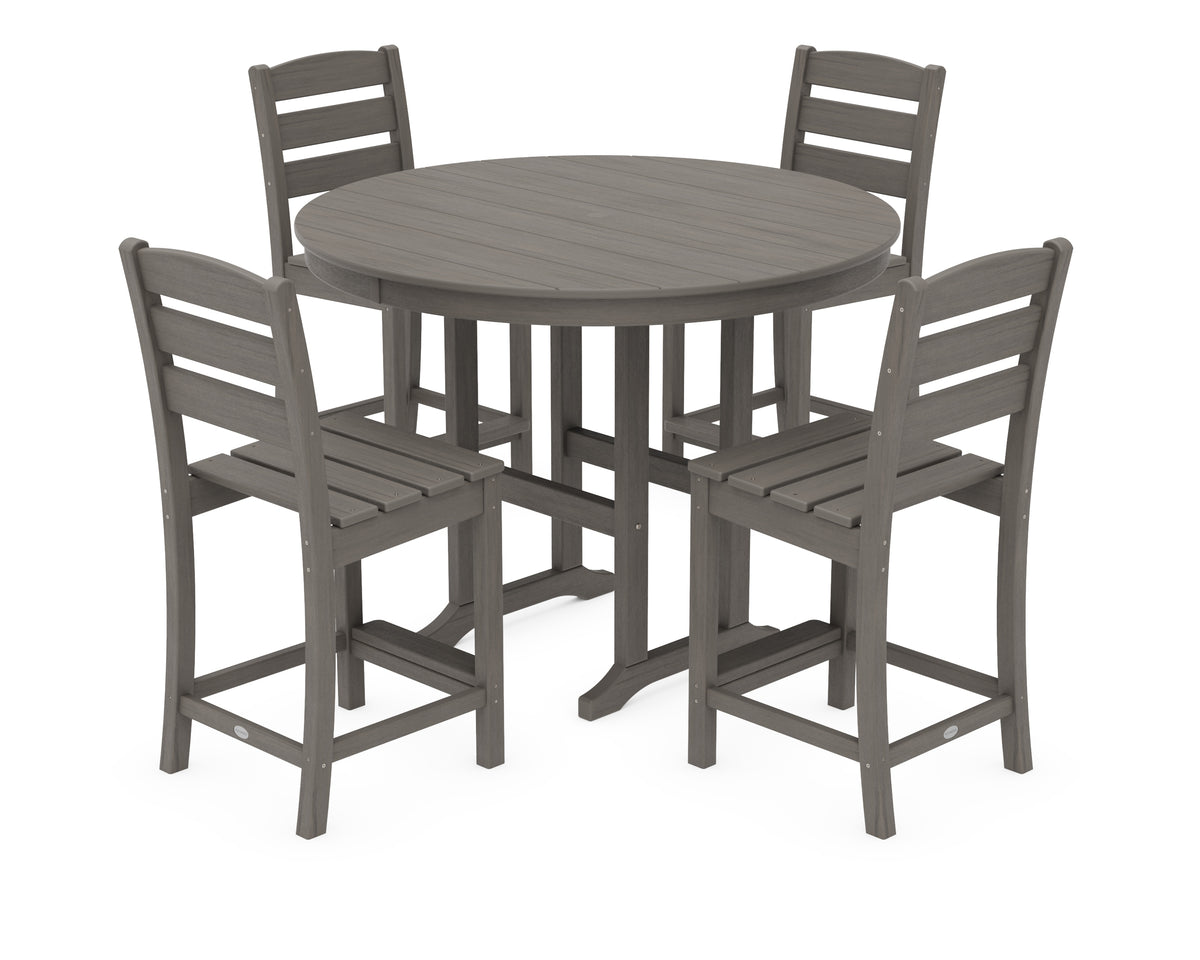 POLYWOOD Lakeside 5-Piece Farmhouse Round Side Chair Counter Set in Driftwood