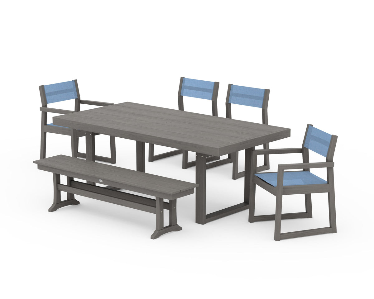 POLYWOOD EDGE Sling 6-Piece Dining Set with Bench in Driftwood / Poolside