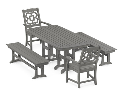 POLYWOOD Chinoiserie 5-Piece Dining Set with Benches in Slate Grey
