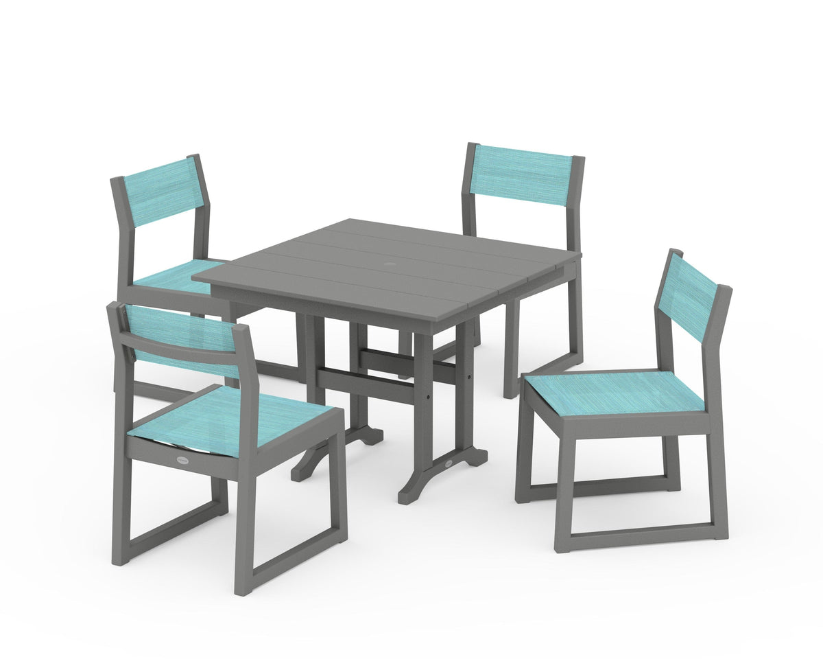 POLYWOOD EDGE Sling Side Chair 5-Piece Farmhouse Dining Set in Slate Grey / Dupioni Aquamarine