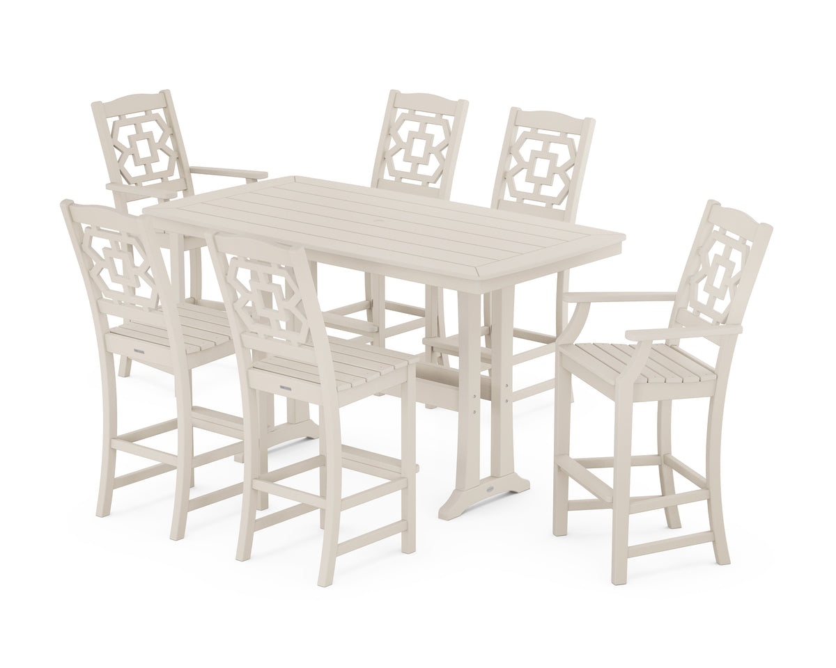 POLYWOOD Chinoiserie 7-Piece Bar Set with Trestle Legs in Sand