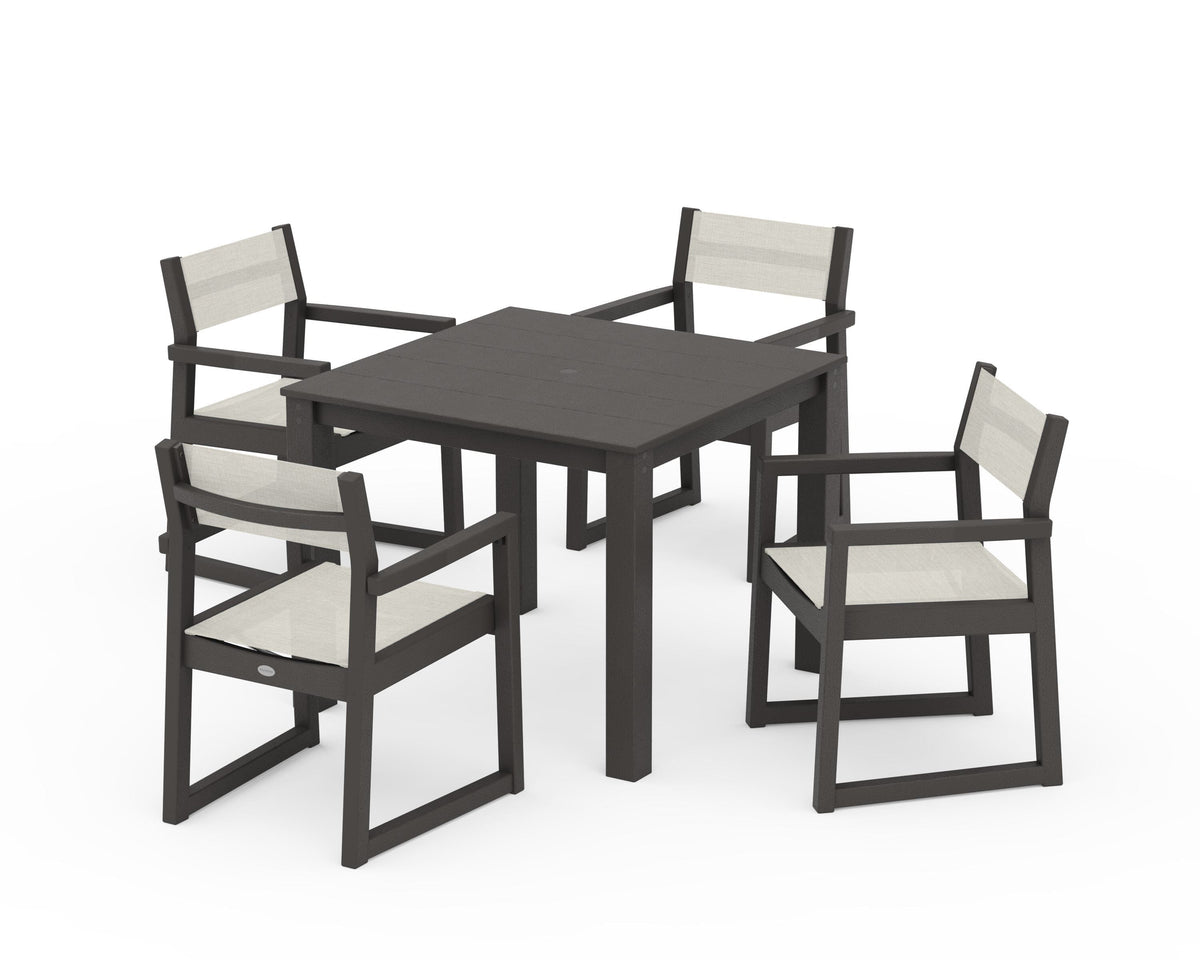 POLYWOOD EDGE Sling Arm Chair 5-Piece Parsons Dining Set in Vintage Coffee / Parchment