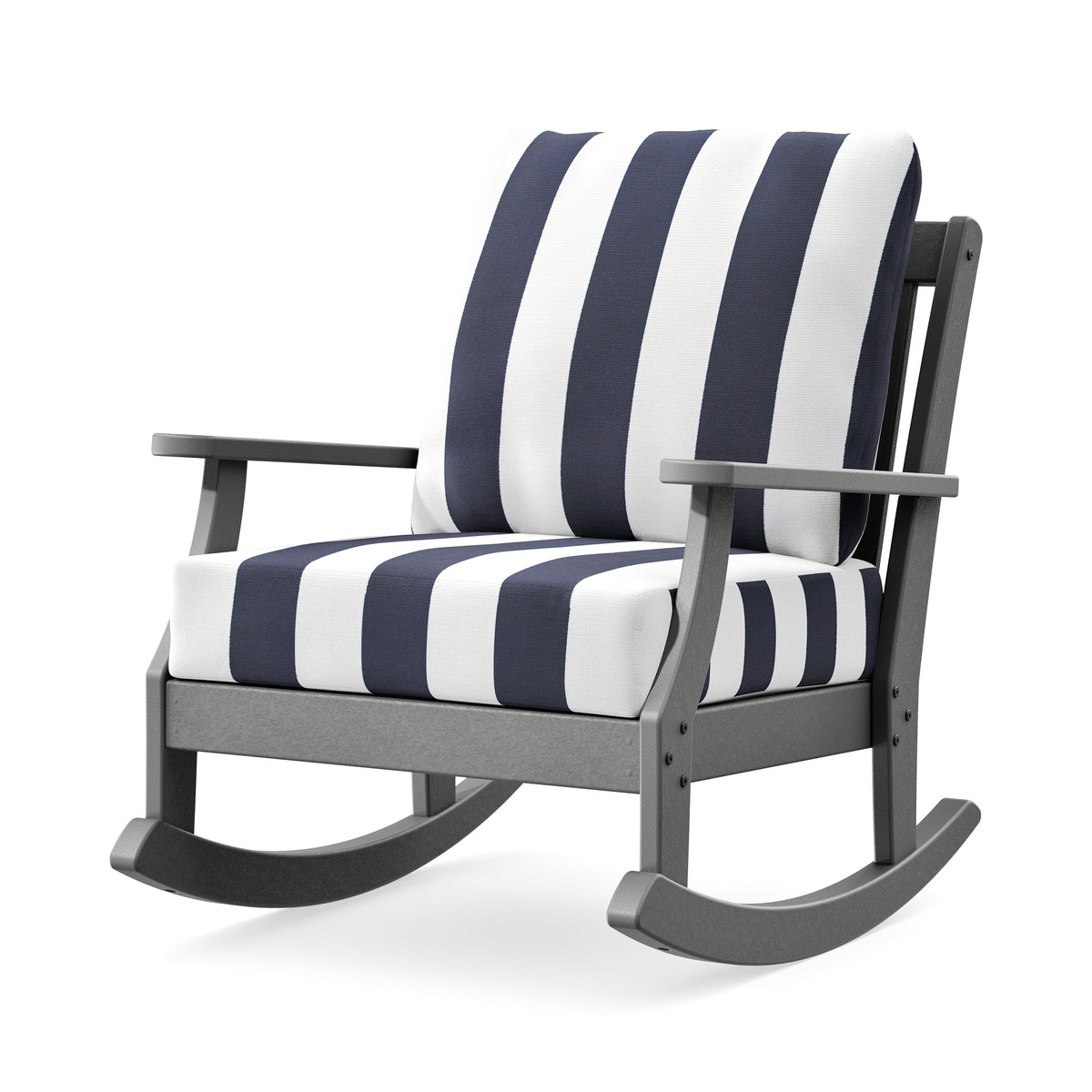 POLYWOOD Braxton Deep Seating Rocking Chair in Slate Grey / Cabana Stripe Navy