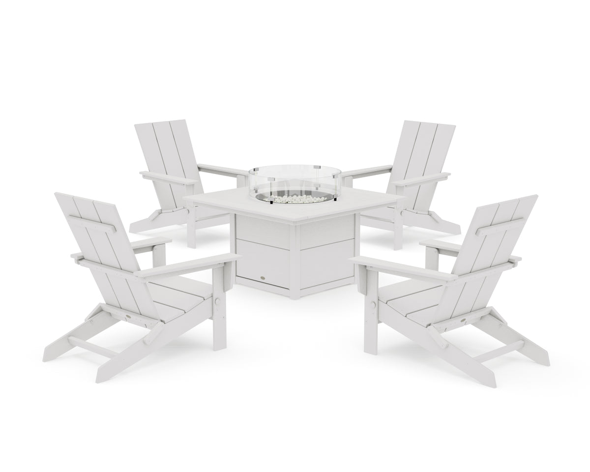 POLYWOOD 5-Piece Modern Studio Folding Adirondack Conversation Set with Fire Pit Table in Vintage White
