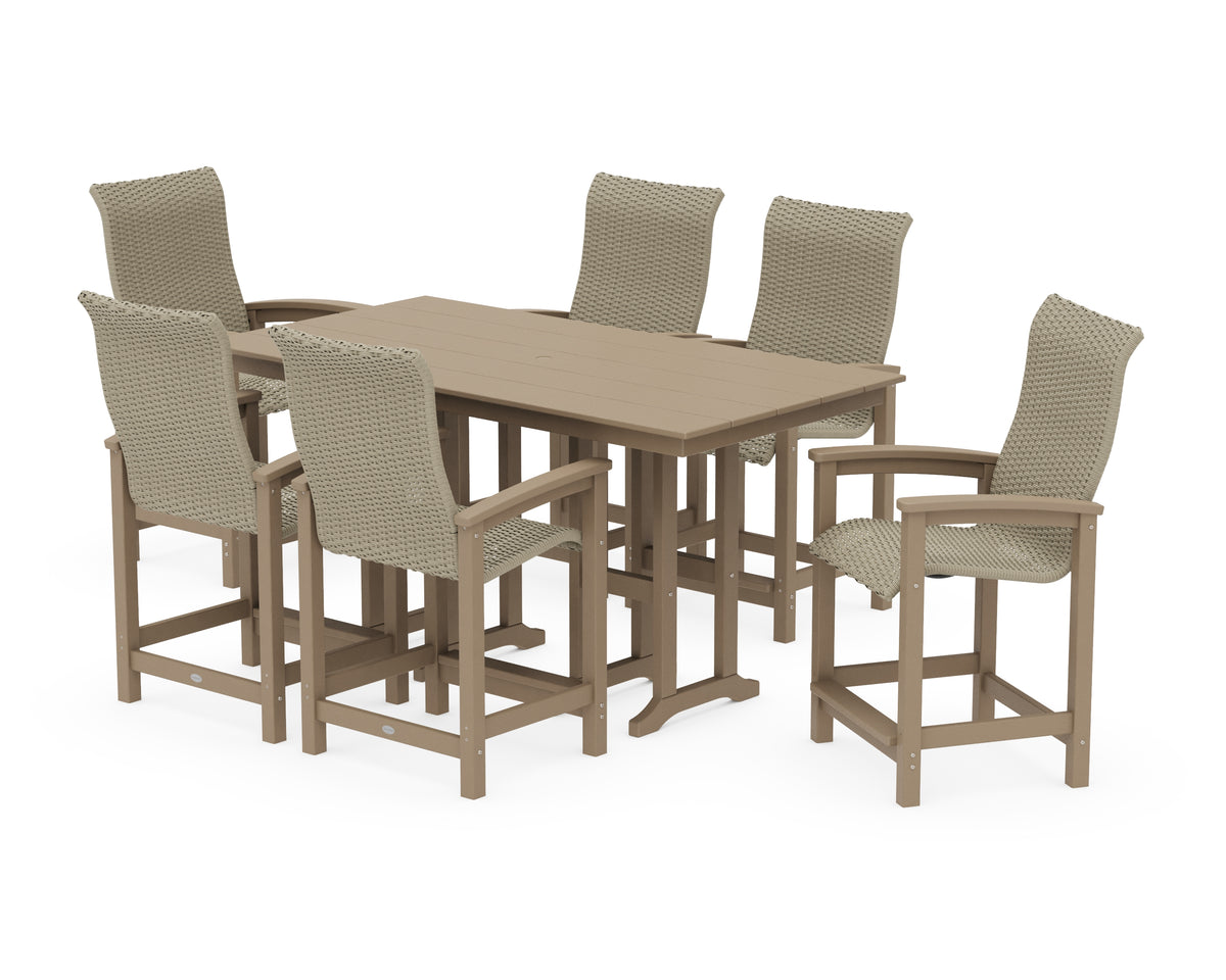 POLYWOOD Coastal Woven High-Back Arm Chair 7-Piece Farmhouse Counter Set in Vintage Sahara / Dune Grass