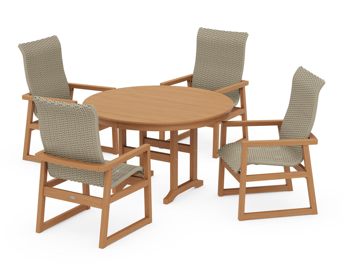 POLYWOOD EDGE Woven High-Back 5-Piece Round Farmhouse Dining Set in Natural / Dune Grass