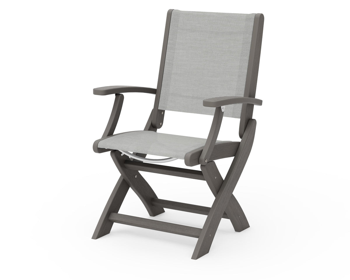 POLYWOOD Coastal Folding Chair in Driftwood with Driftwood arms and Metallic sling