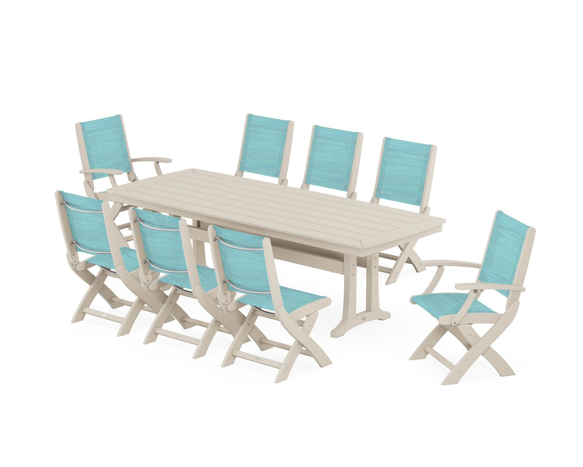 POLYWOOD Coastal Folding 9-Piece Dining Set with Trestle Legs in Sand / Dupioni Aquamarine