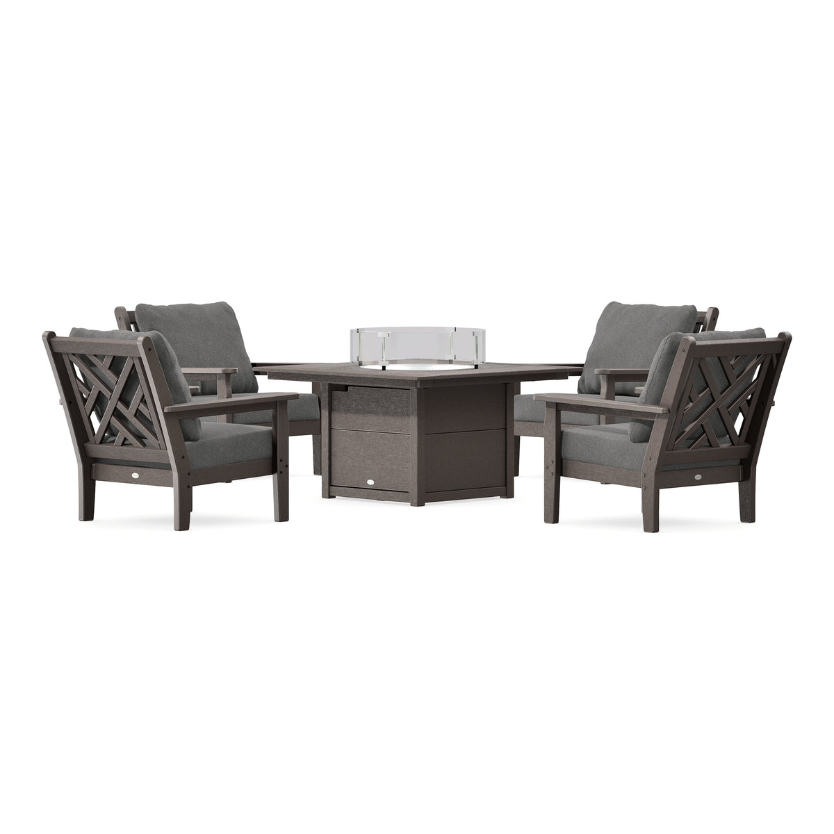 POLYWOOD Chippendale 5-Piece Deep Seating Set with Fire Pit Table in Vintage Coffee