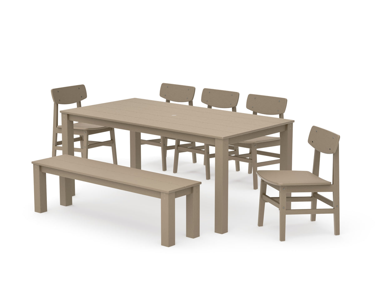 POLYWOOD Modern Studio Urban Chair 7-Piece Parsons Dining Set with Bench in Vintage Sahara