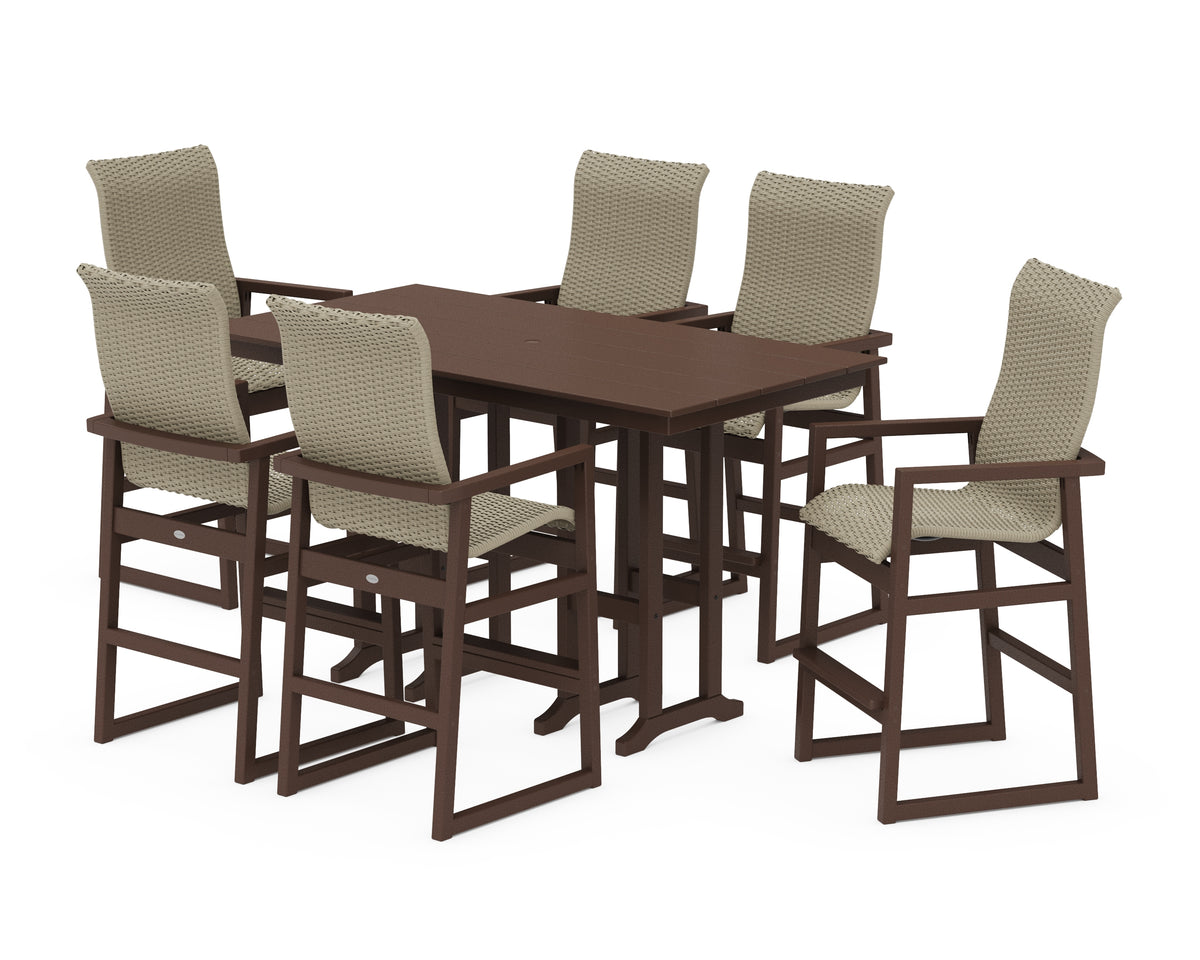 POLYWOOD EDGE Woven Highback Arm Chair 7-Piece Farmhouse Bar Set in Mahogany / Dune Grass