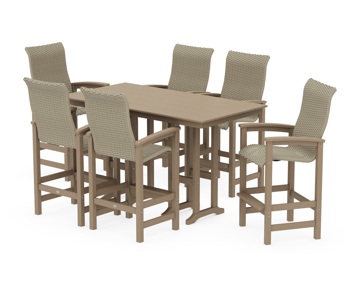 POLYWOOD Coastal Woven High-Back Arm Chair 7-Piece Farmhouse Bar Set in Vintage Sahara / Dune Grass