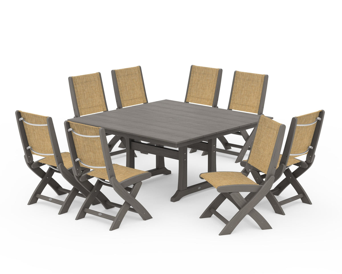 POLYWOOD Coastal Folding Side Chair 9-Piece Farmhouse Dining Set in Driftwood / Burlap