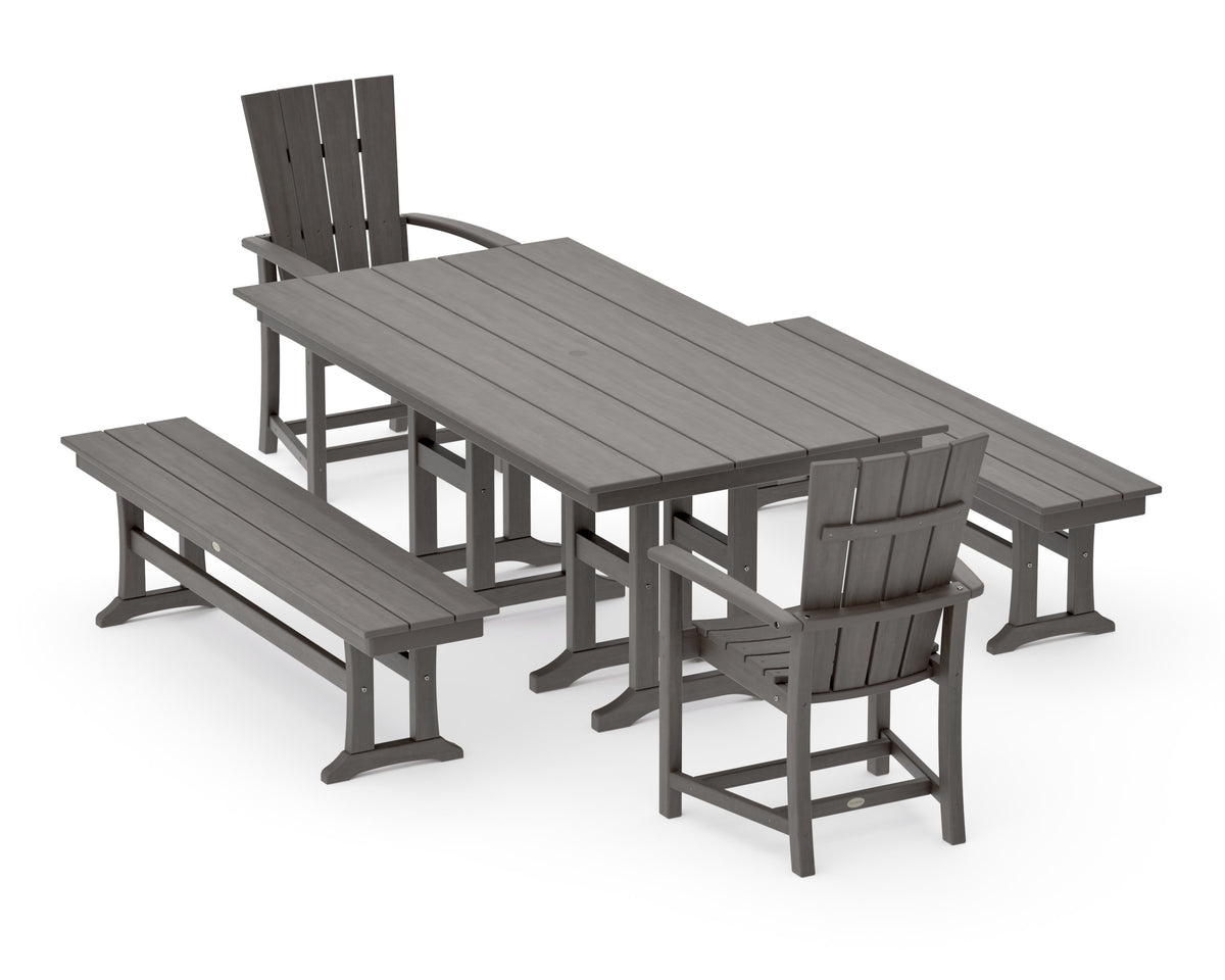 POLYWOOD Quattro 5-Piece Farmhouse Dining Set with Benches - 37" x 72" Table in Driftwood