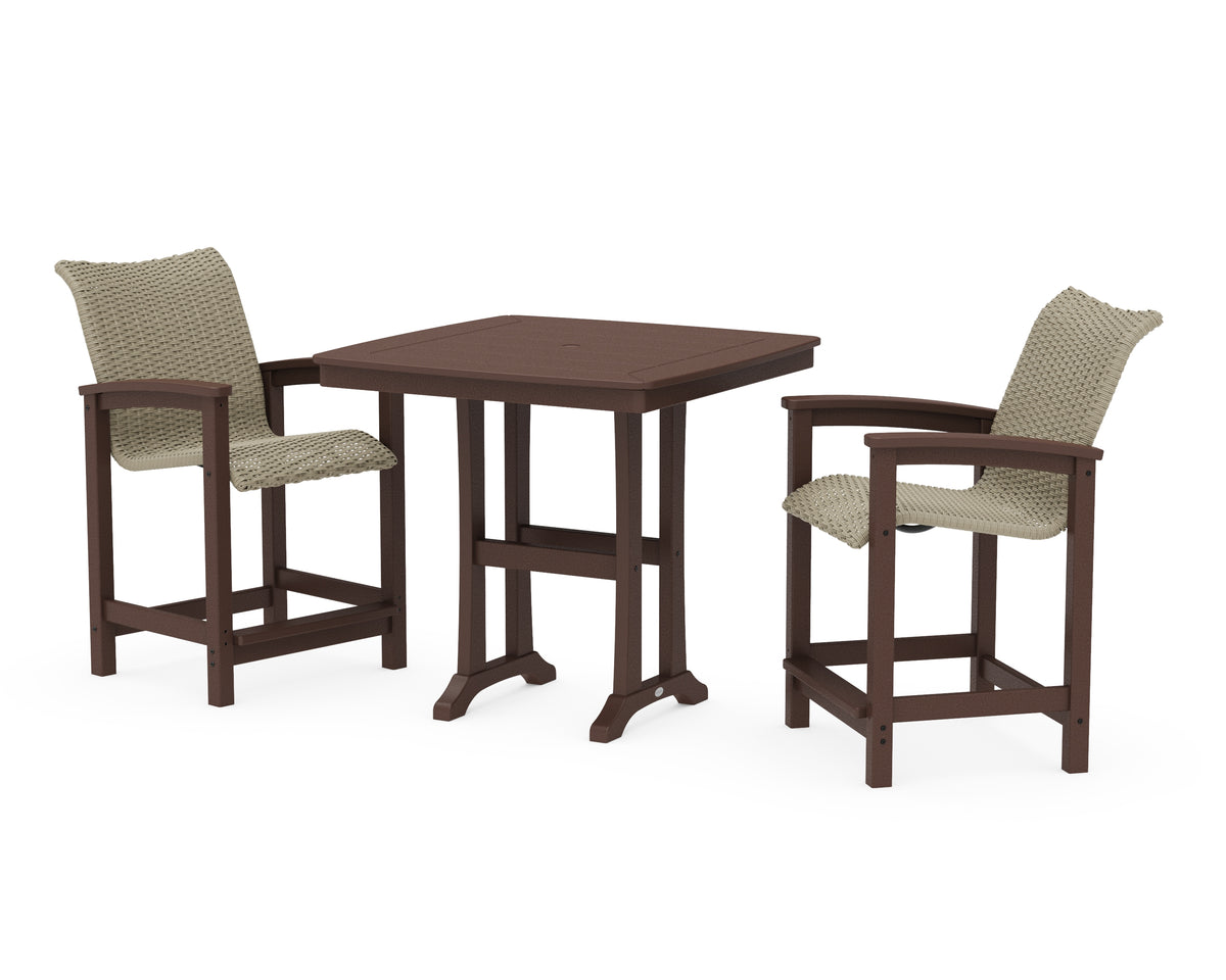 POLYWOOD Coastal Woven 3-Piece Counter Set with Trestle Legs in Mahogany / Dune Grass