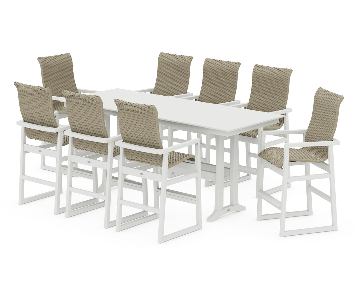 POLYWOOD EDGE Woven Highback 9-Piece Farmhouse Bar Set with Trestle Legs in White / Dune Grass