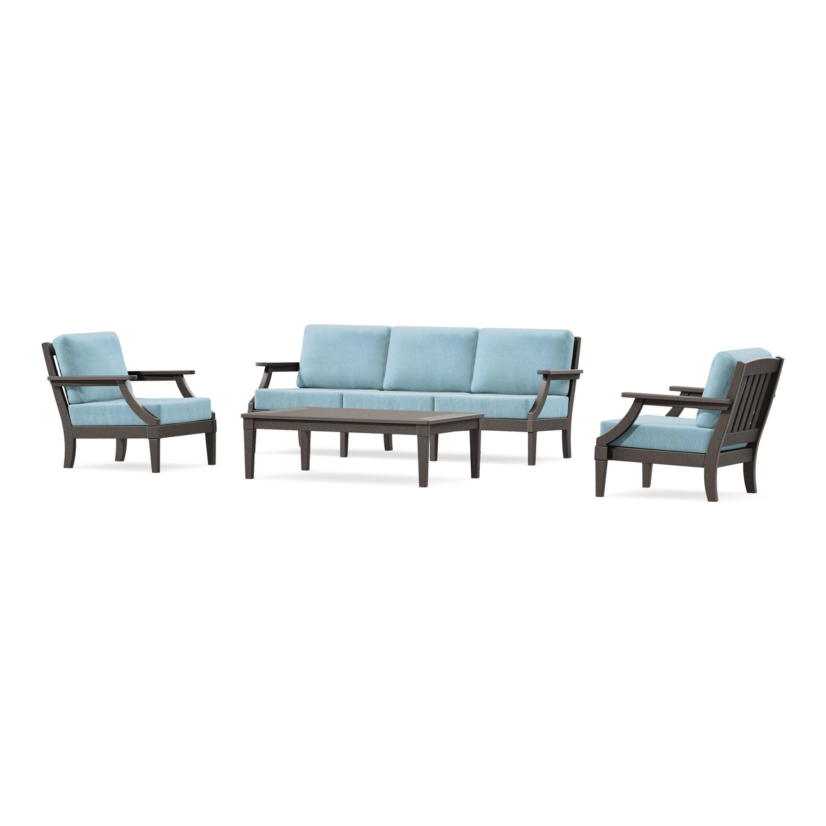 POLYWOOD PW Designer Series Estate 4-Piece Lounge Sofa Set in Vintage Coffee / Lattice Sky Blue