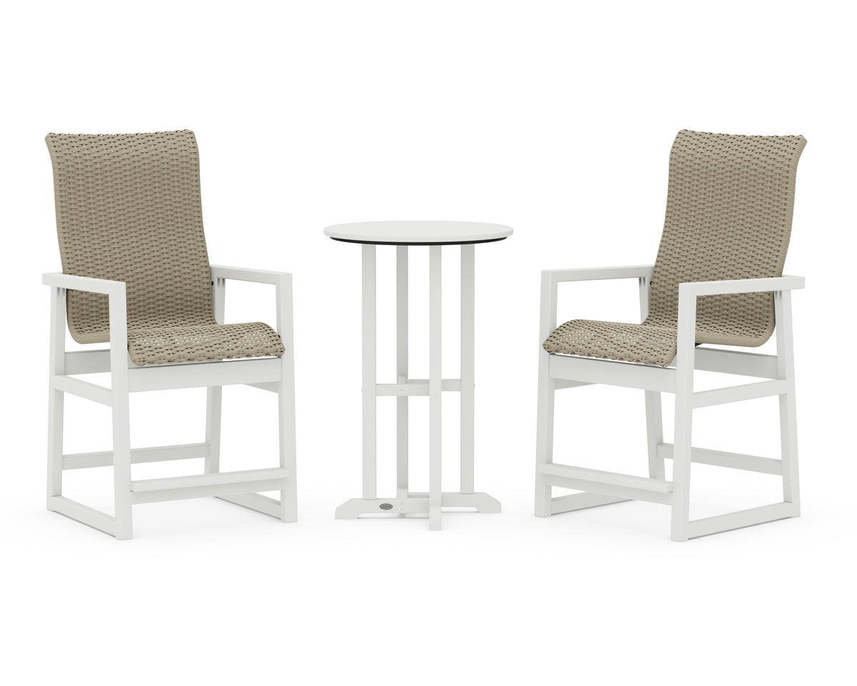 POLYWOOD EDGE Woven Highback 3-Piece Farmhouse Counter Set in White / Dune Grass