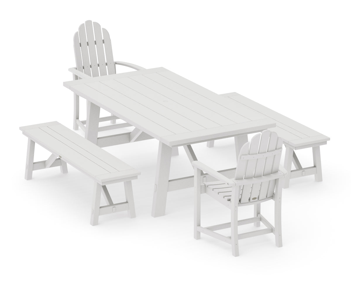 POLYWOOD Classic Adirondack 5-Piece Rustic Farmhouse Dining Set with Benches in Vintage White