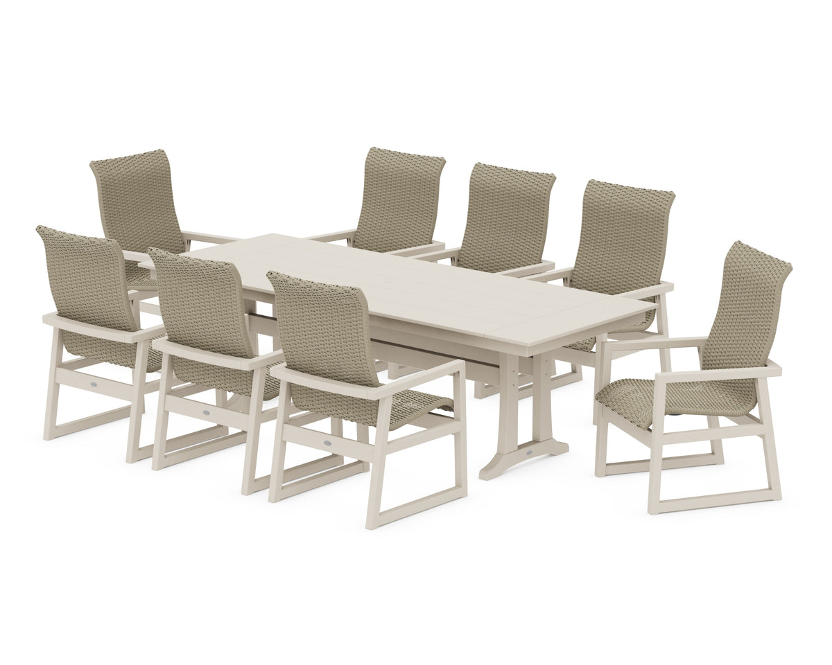 POLYWOOD EDGE Woven High-Back 9-Piece Farmhouse Dining Set with Trestle Legs in Sand / Dune Grass