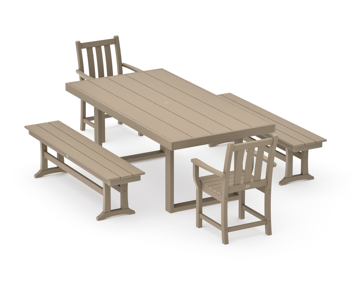 POLYWOOD Traditional Garden 5-Piece Dining Set with Benches - 39" x 78" Table in Vintage Sahara