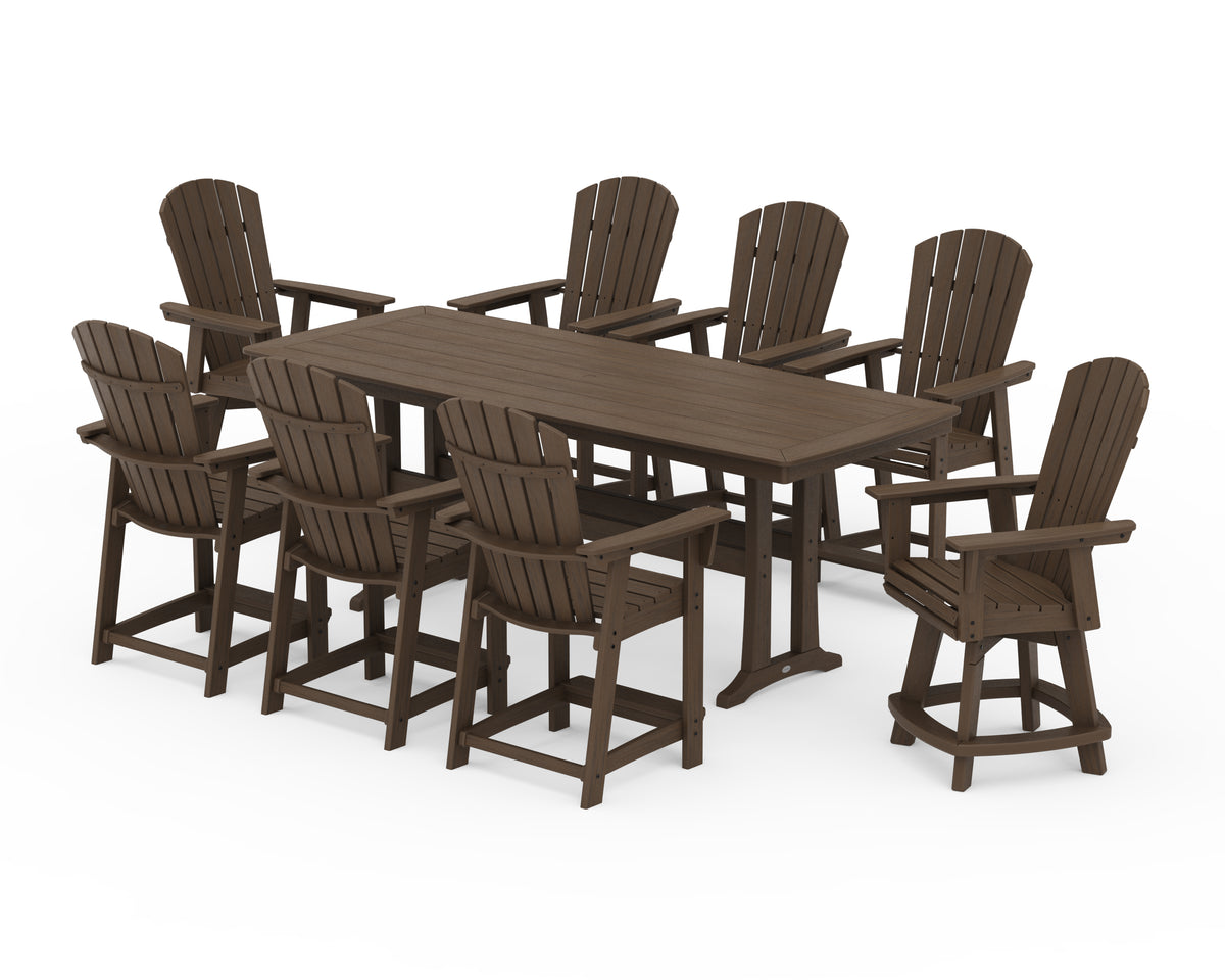 POLYWOOD Nautical Curveback Adirondack Swivel 9-Piece Counter Set with Trestle Legs in Kona
