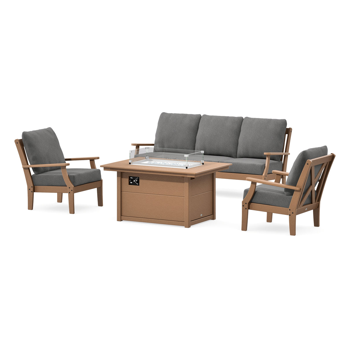 POLYWOOD Braxton Deep Seating Fire Pit Table Set in Teak