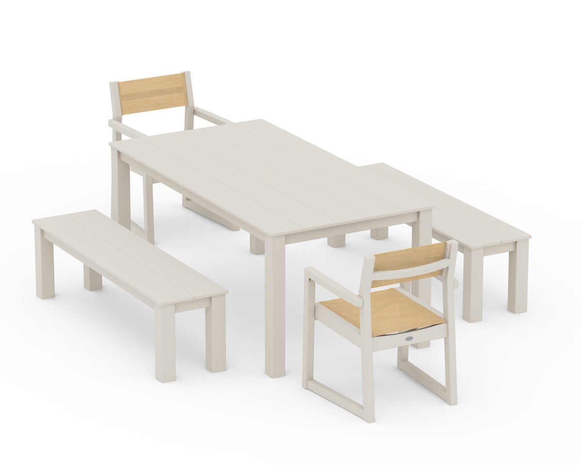 POLYWOOD EDGE Sling Arm Chair 5-Piece Parsons Dining Set with Benches in Sand / Dupioni Apricot