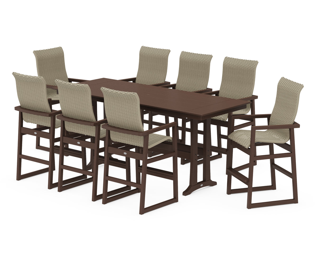 POLYWOOD EDGE Woven Highback 9-Piece Farmhouse Bar Set with Trestle Legs in Mahogany / Dune Grass