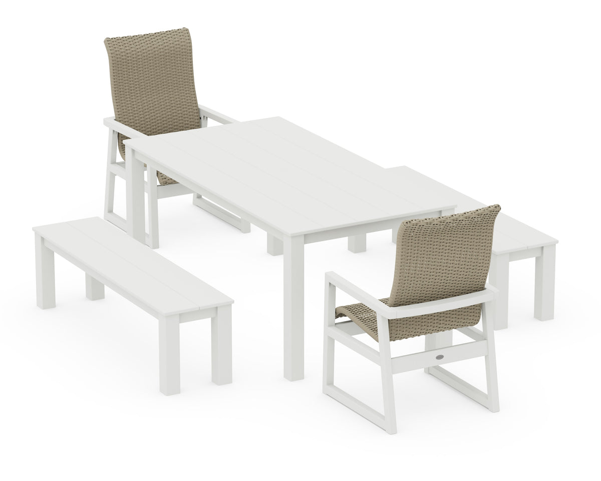 POLYWOOD EDGE Woven High-Back 5-Piece Parsons Dining Set with Benches in Vintage White / Dune Grass