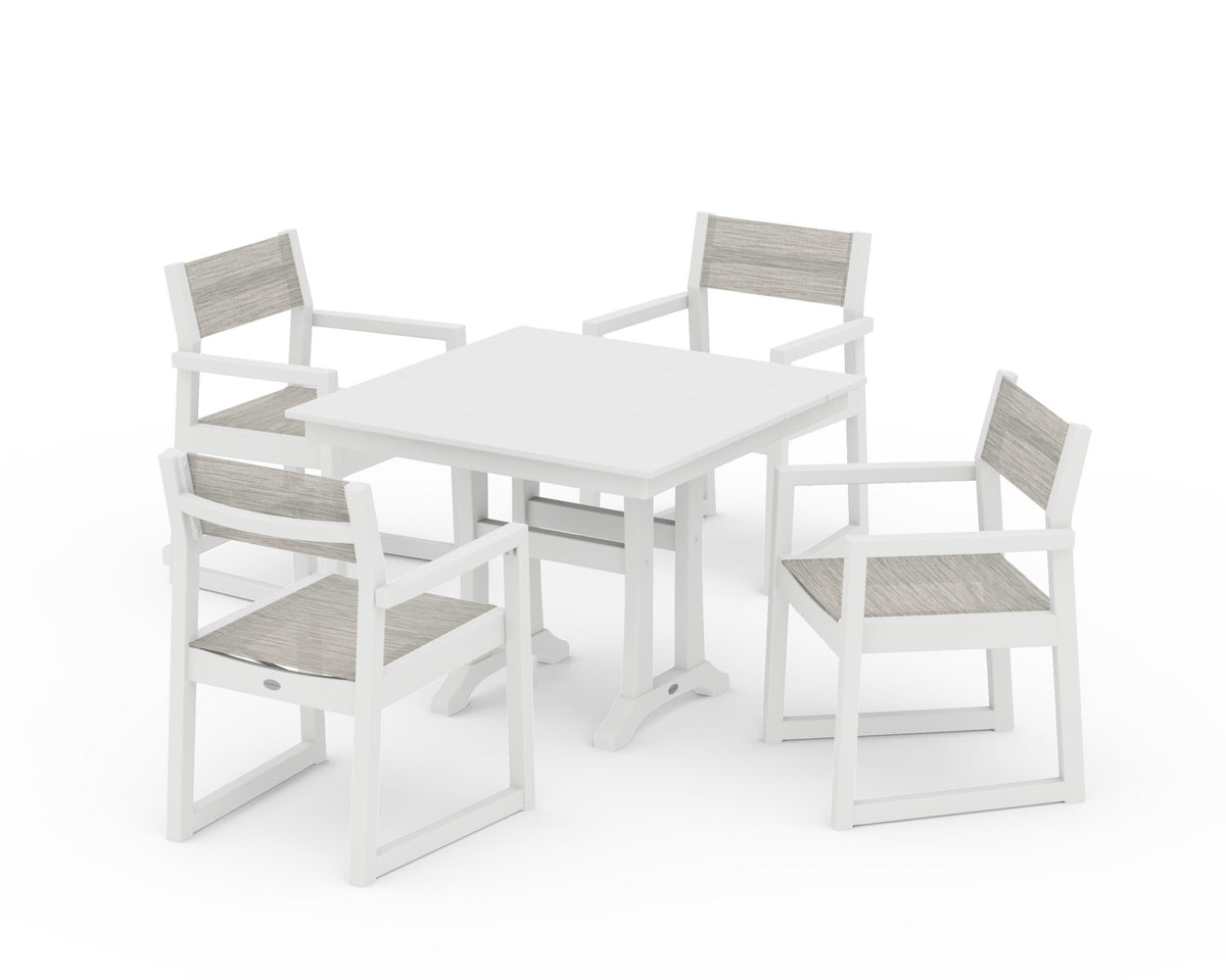 POLYWOOD EDGE Sling 5-Piece Farmhouse Dining Set with Trestle Legs in White / Birch