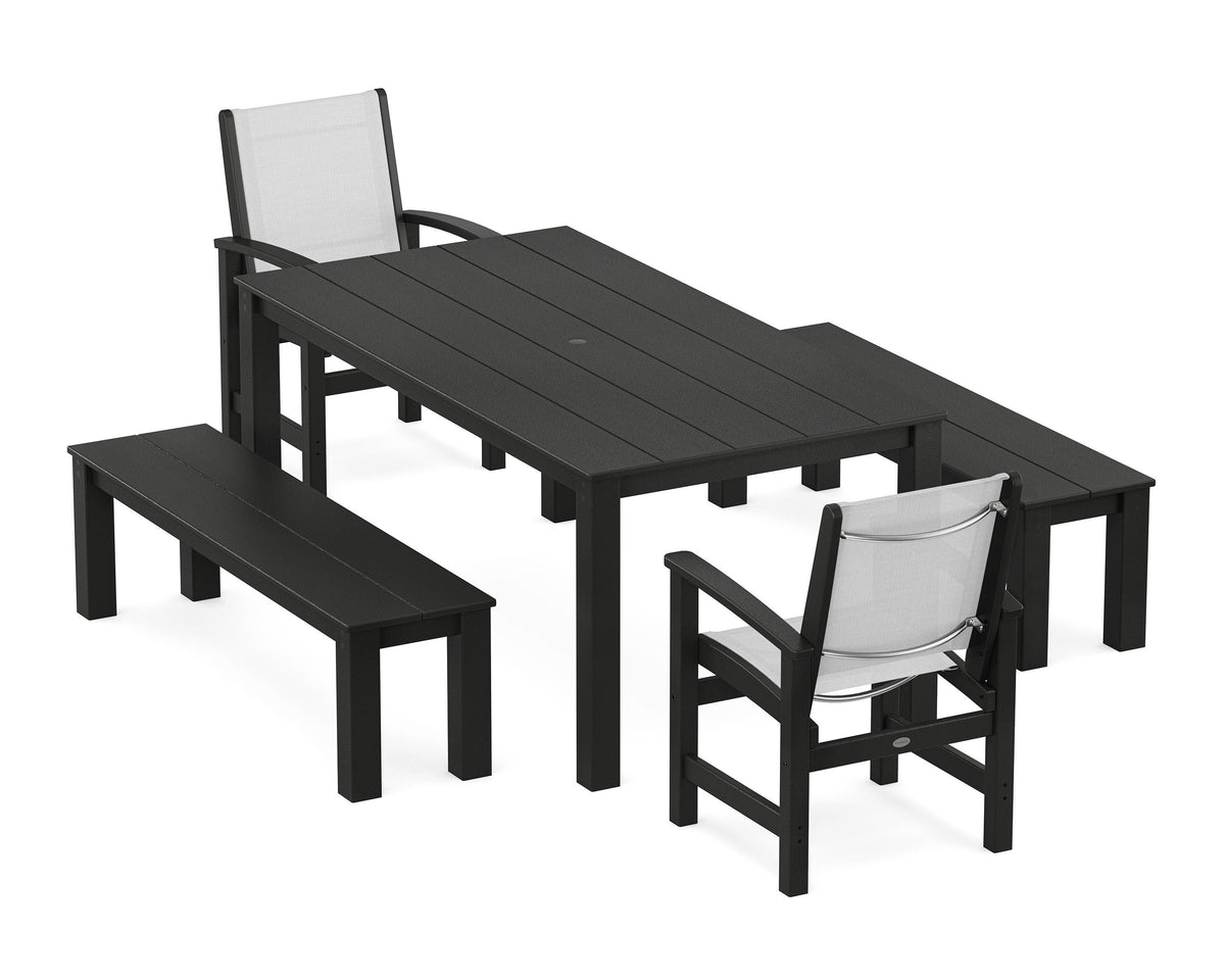 POLYWOOD Coastal 5-Piece Parsons Dining Set with Benches in Black / White