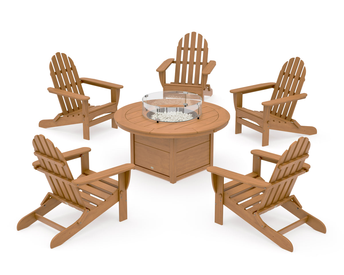 POLYWOOD Classic Folding Adirondack 6-Piece Conversation Set with Fire Pit Table in Natural