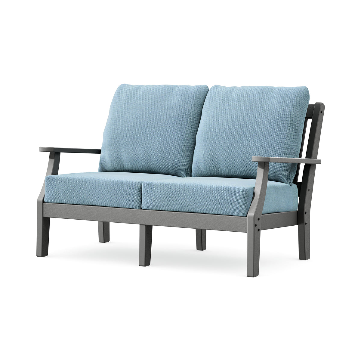 POLYWOOD Chinoiserie Deep Seating Loveseat in Slate Grey / Lattice Sky Blue