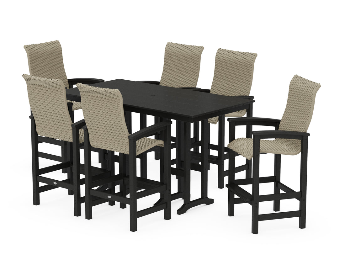 POLYWOOD Coastal Woven High-Back Arm Chair 7-Piece Farmhouse Bar Set in Black / Dune Grass