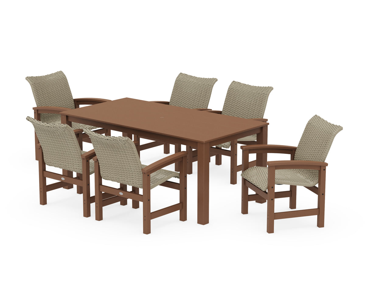 POLYWOOD Coastal Woven Arm Chair 7-Piece Parsons Dining Set in Teak / Dune Grass
