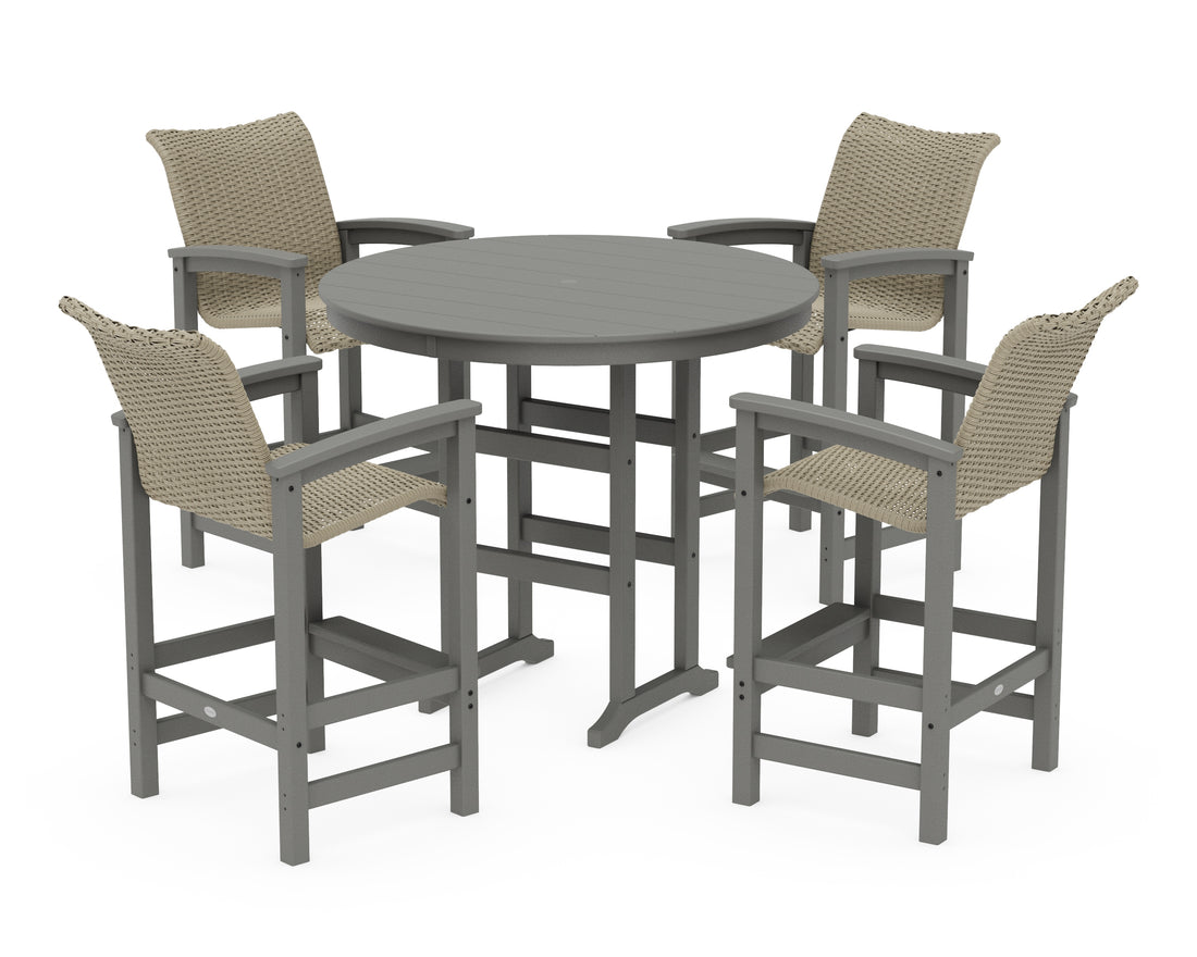 POLYWOOD Coastal Woven 5-Piece Round Farmhouse Bar Set in Slate Grey / Dune Grass