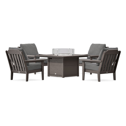 POLYWOOD Country Living Cottage 5-Piece Deep Seating Set with Fire Pit Table in Vintage Coffee