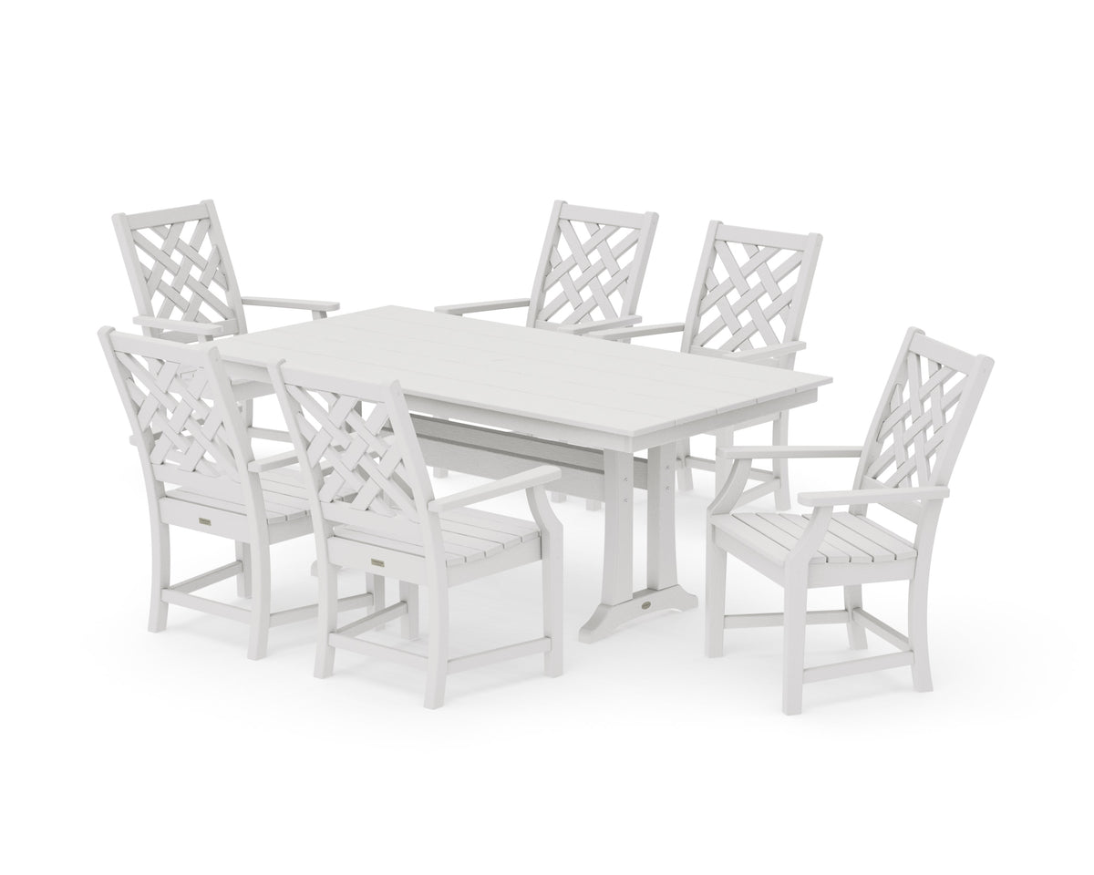 POLYWOOD Wovendale Arm Chair 7-Piece Farmhouse Dining Set with Trestle Legs in Vintage White