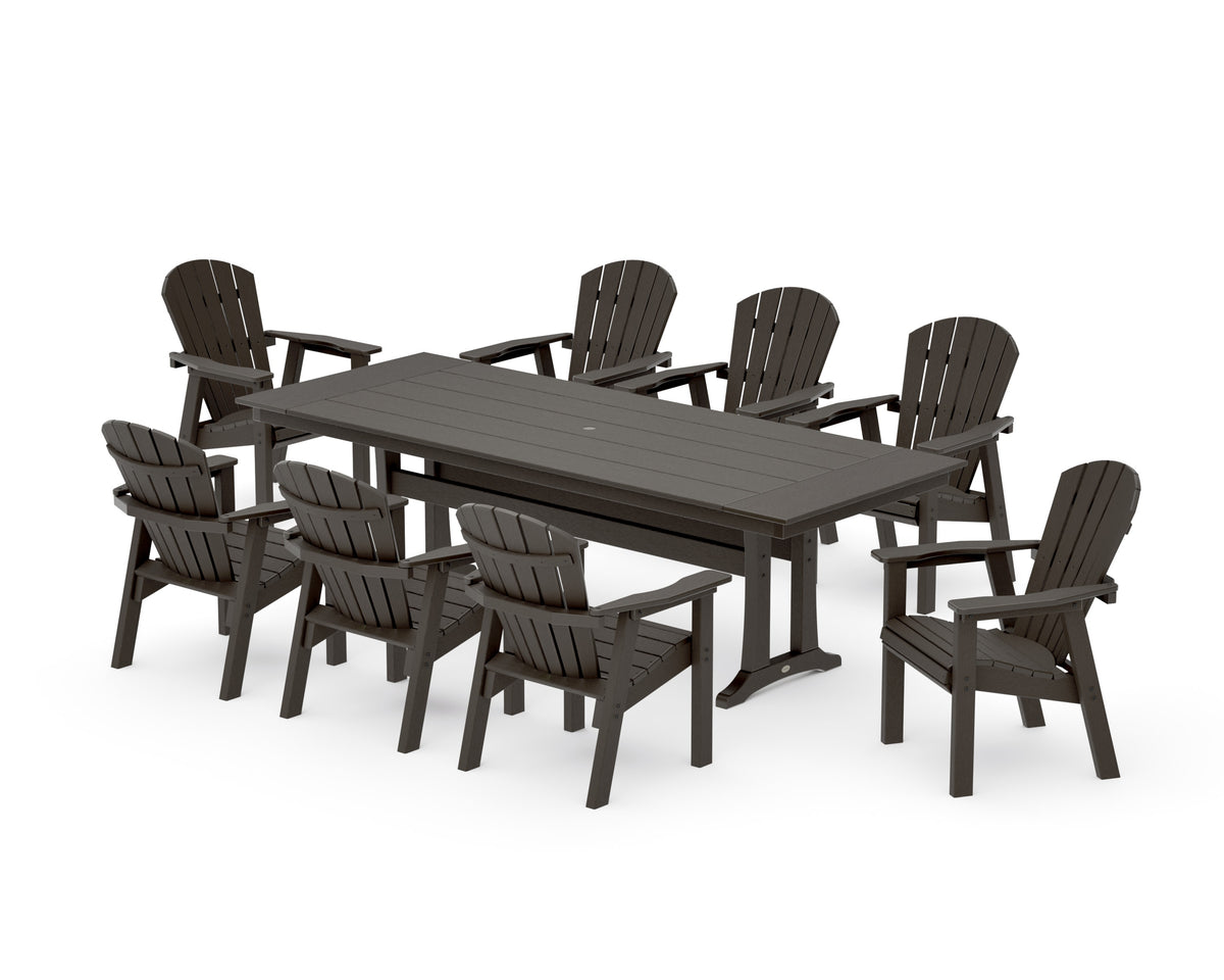 POLYWOOD Seashell 9-Piece Farmhouse Dining Set with Trestle Legs in Vintage Coffee